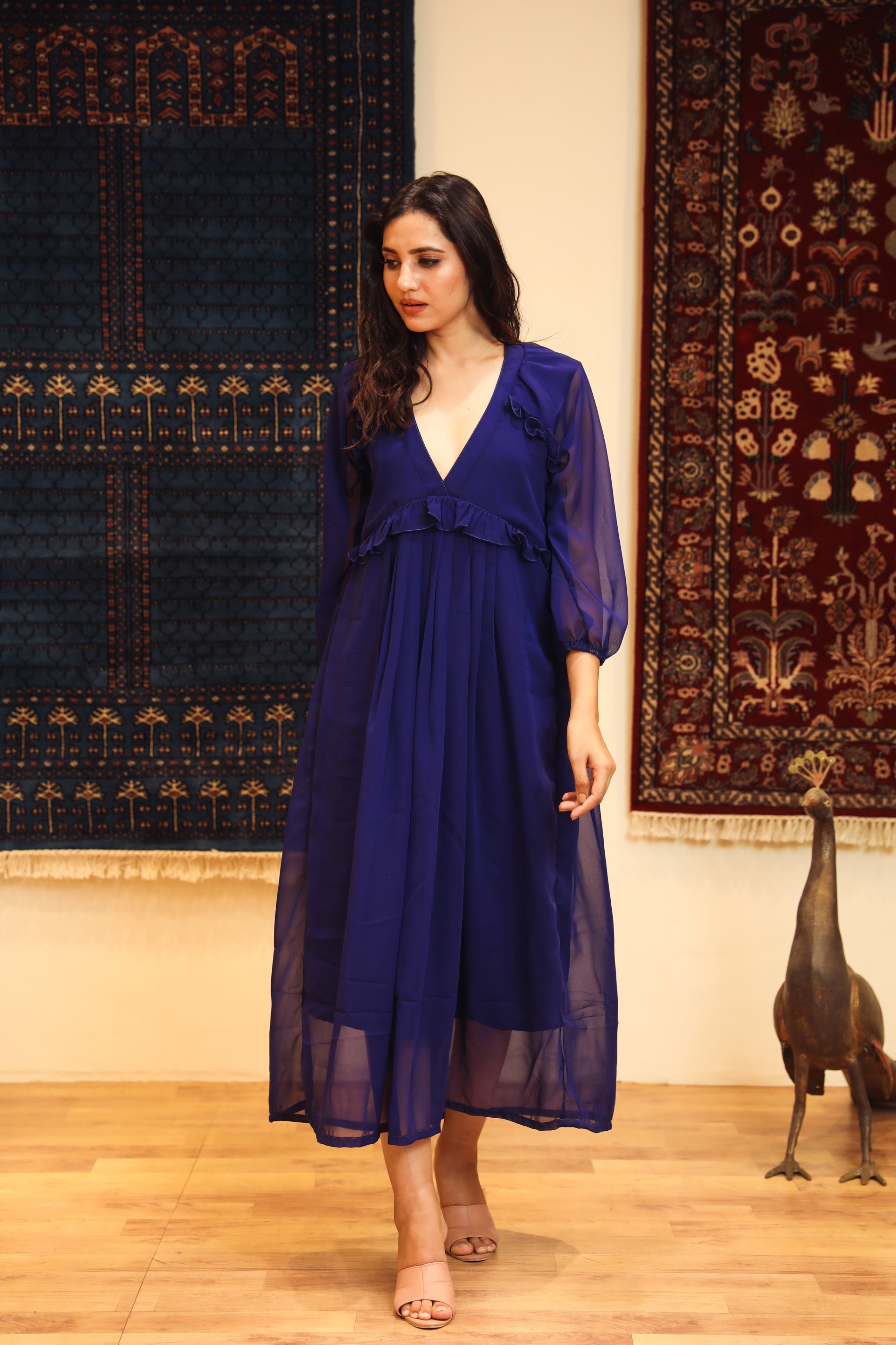 Navy Blue Long Sleeve Velvet Maxi Dress -  Sweden