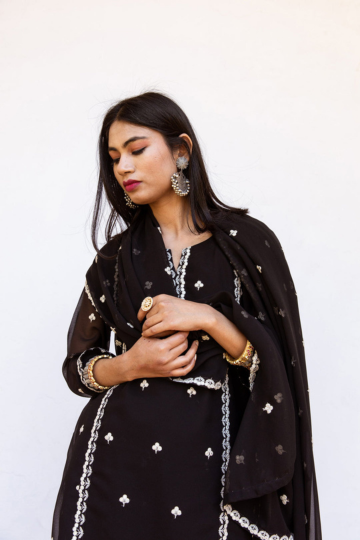 Georgette Embroidered Jhalak Black Straight Kurta Set With Dupatta