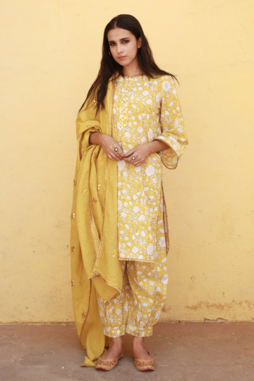 Marigold Yellow Cotton Straight Kurta Set With Doriya Dupatta