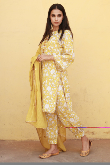 Marigold Yellow Cotton Straight Kurta Set With Doriya Dupatta