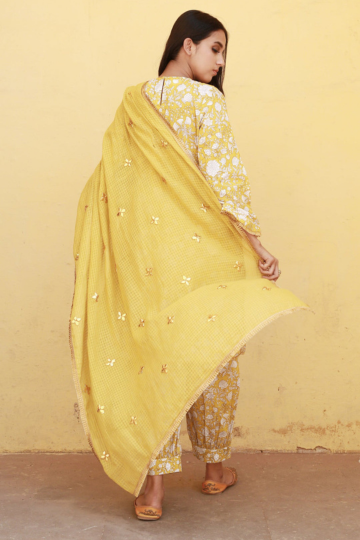 Marigold Yellow Cotton Straight Kurta Set With Doriya Dupatta