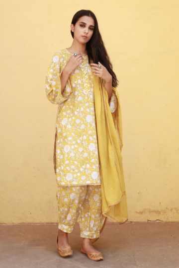 Marigold Yellow Cotton Straight Kurta Set With Doriya Dupatta