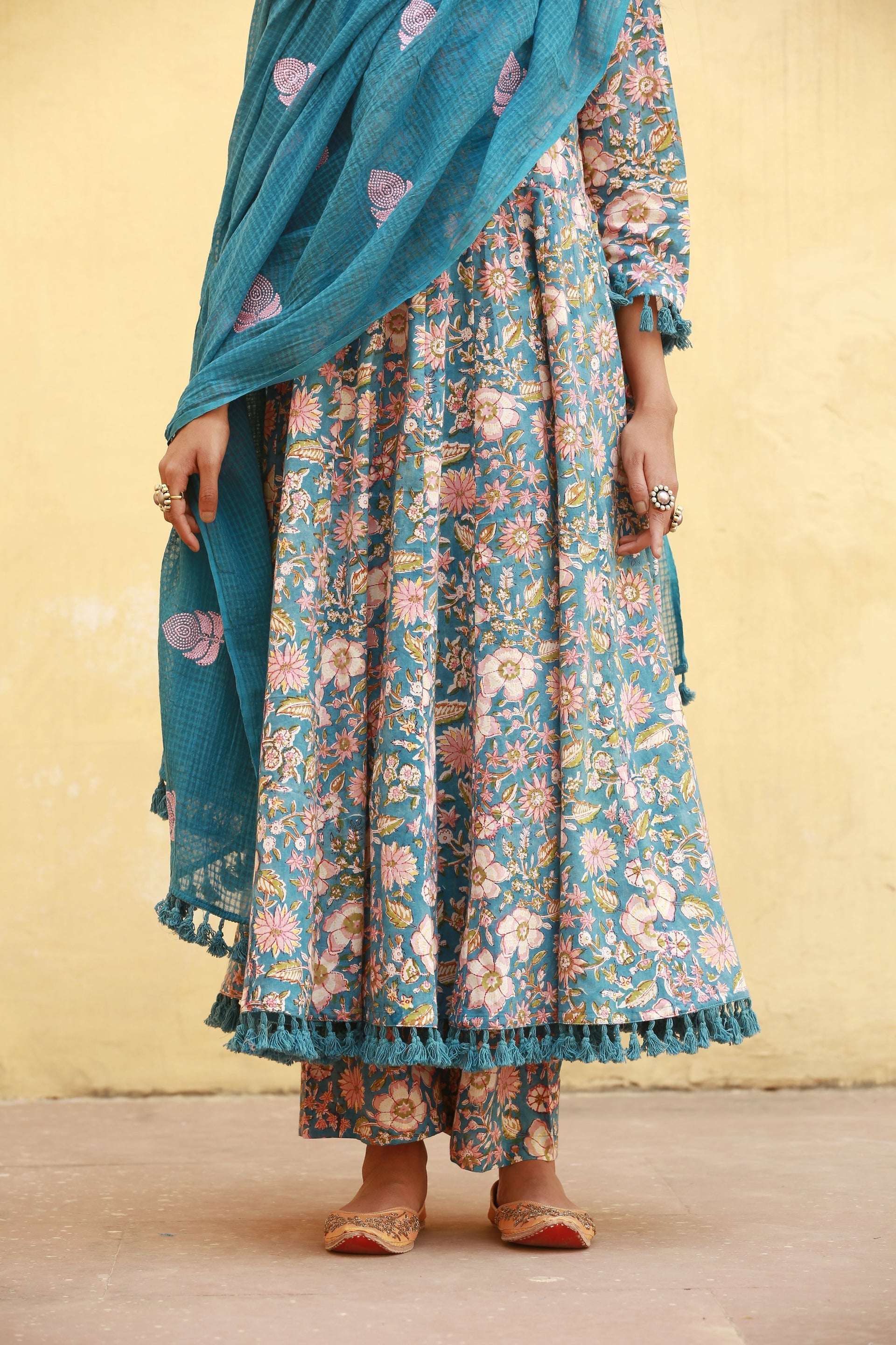 Acacia Blue Block Print Cotton Anarkali Set With Embroidered Doriya Dupatta