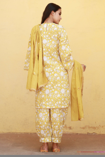 Marigold Yellow Cotton Straight Kurta Set With Doriya Dupatta