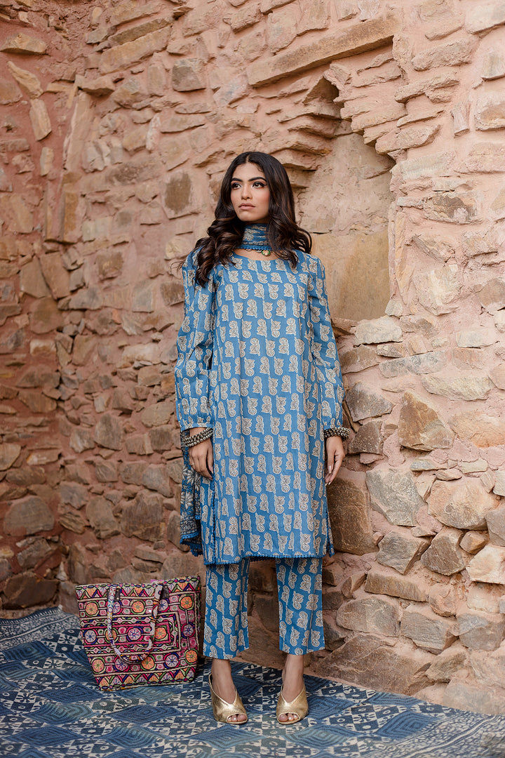 Kayal Blue Kurta Set With Organza Dupatta