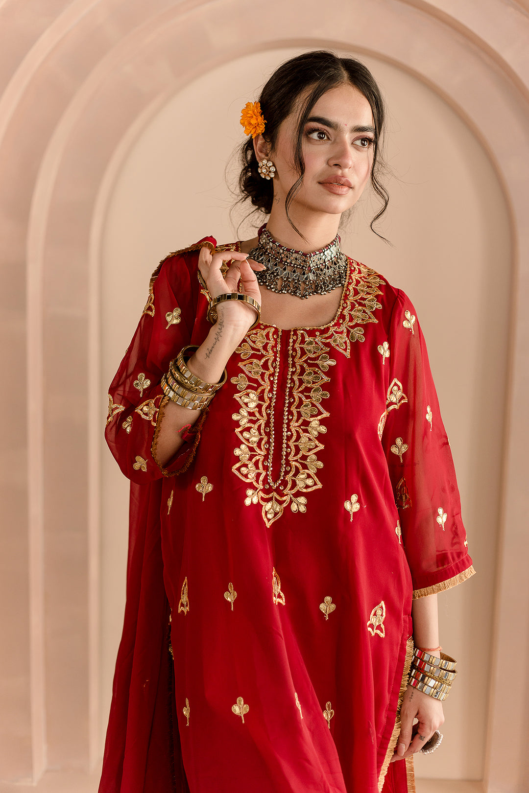 Georgette Straight Gotta Patti Detailing With Dupatta Shama Maroon Kurta Set