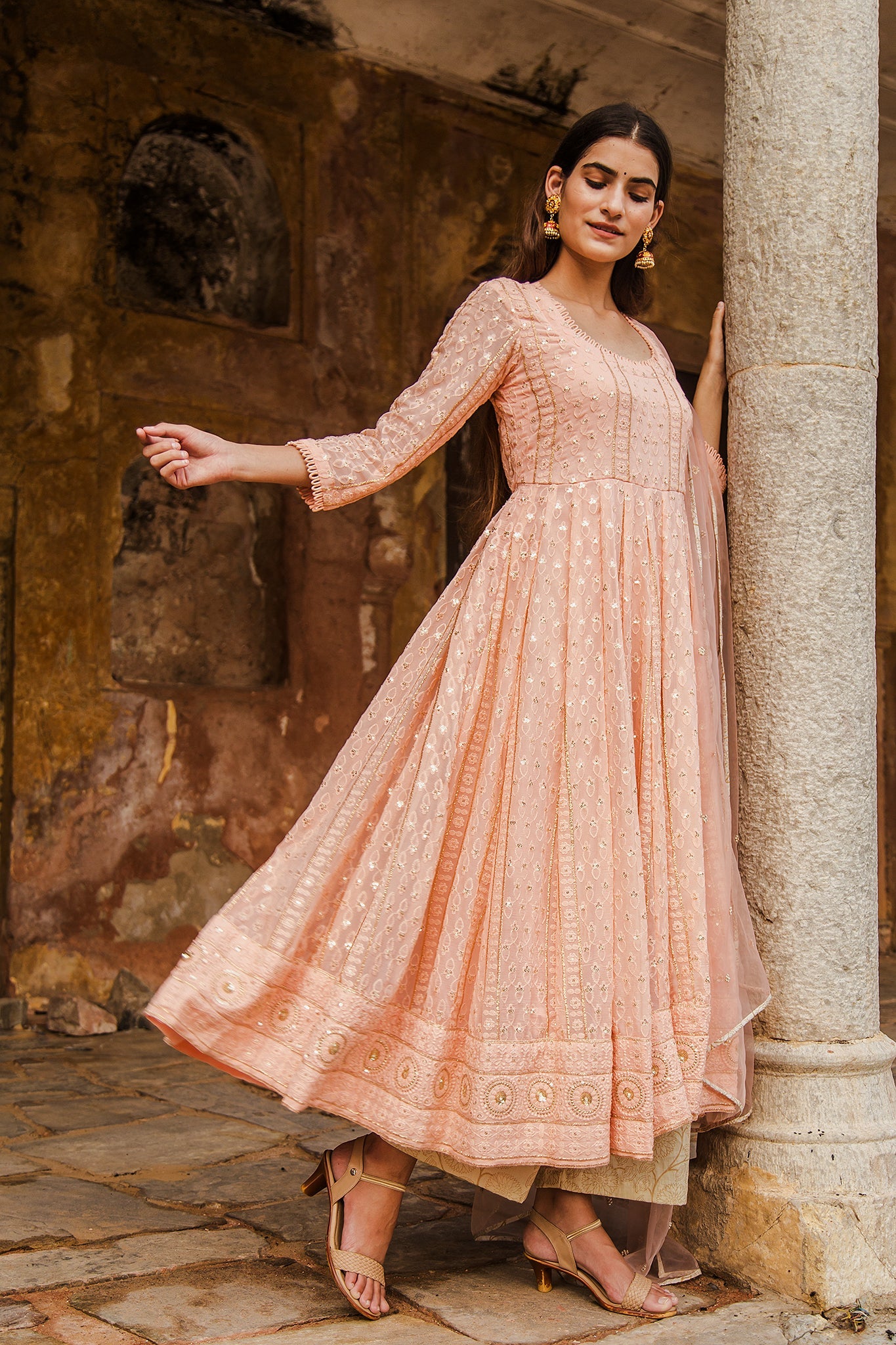 Nisa Peach Anarkali Set