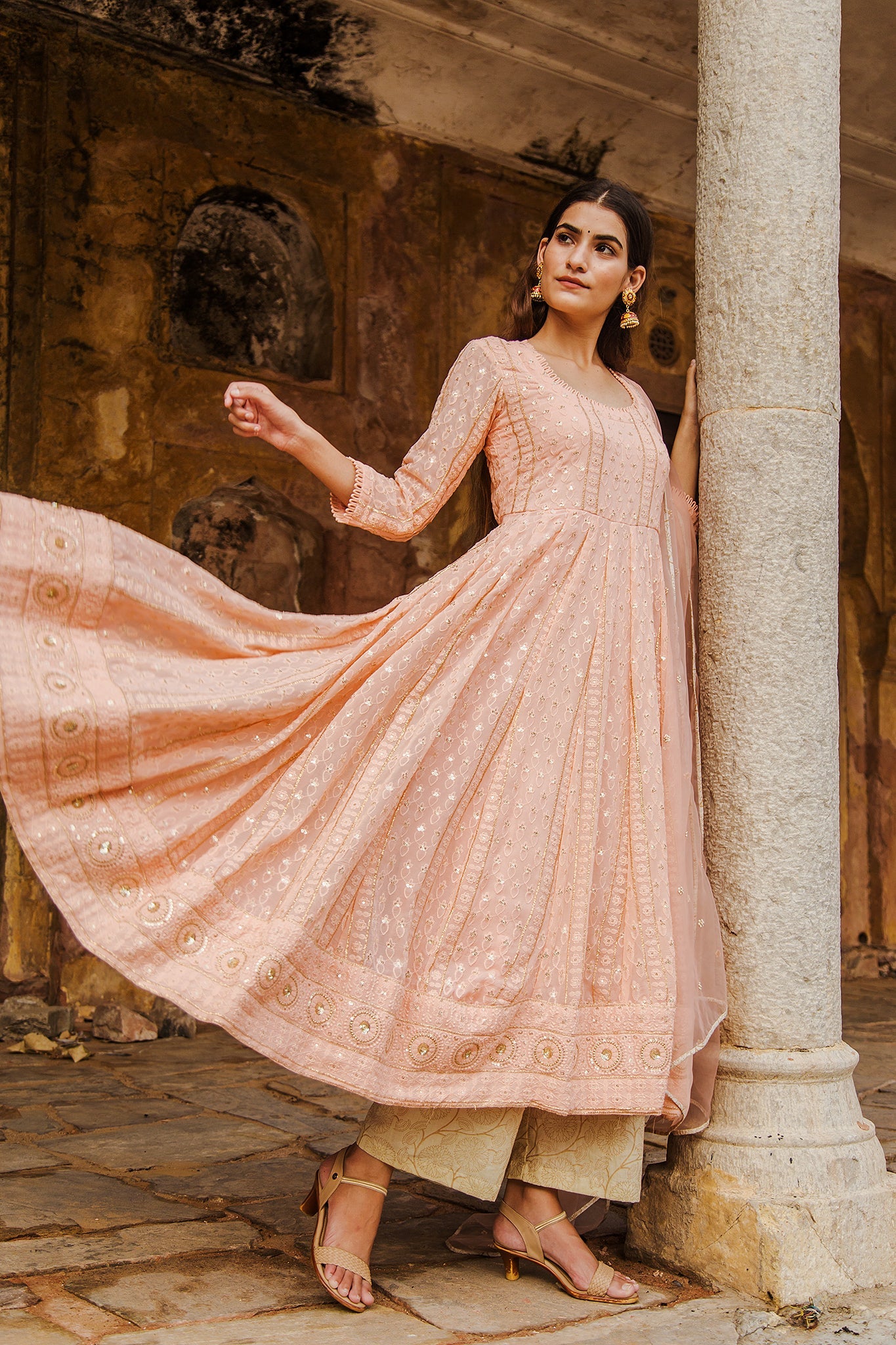 Nisa Peach Anarkali Set