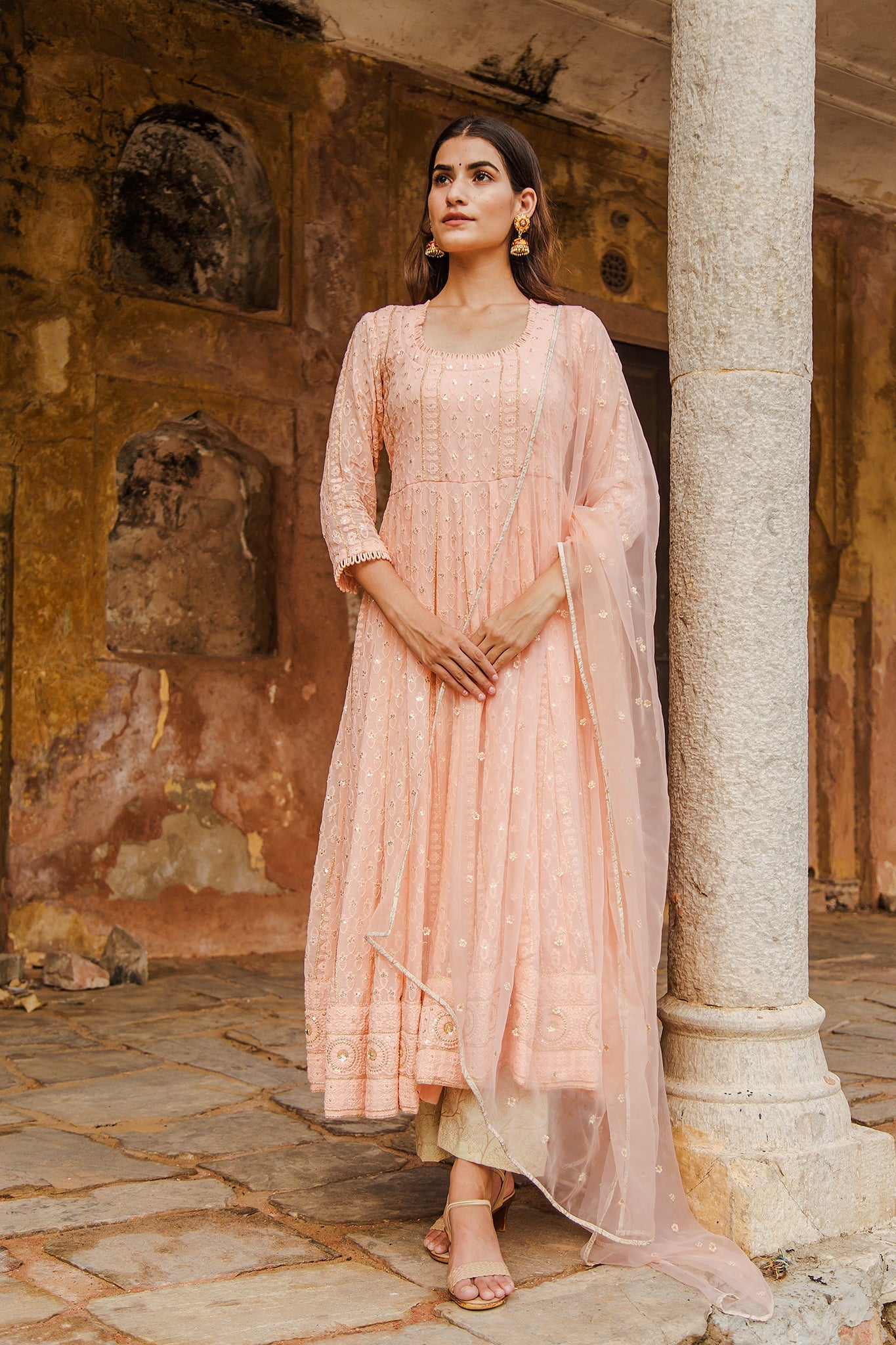 Nisa Peach Anarkali Set