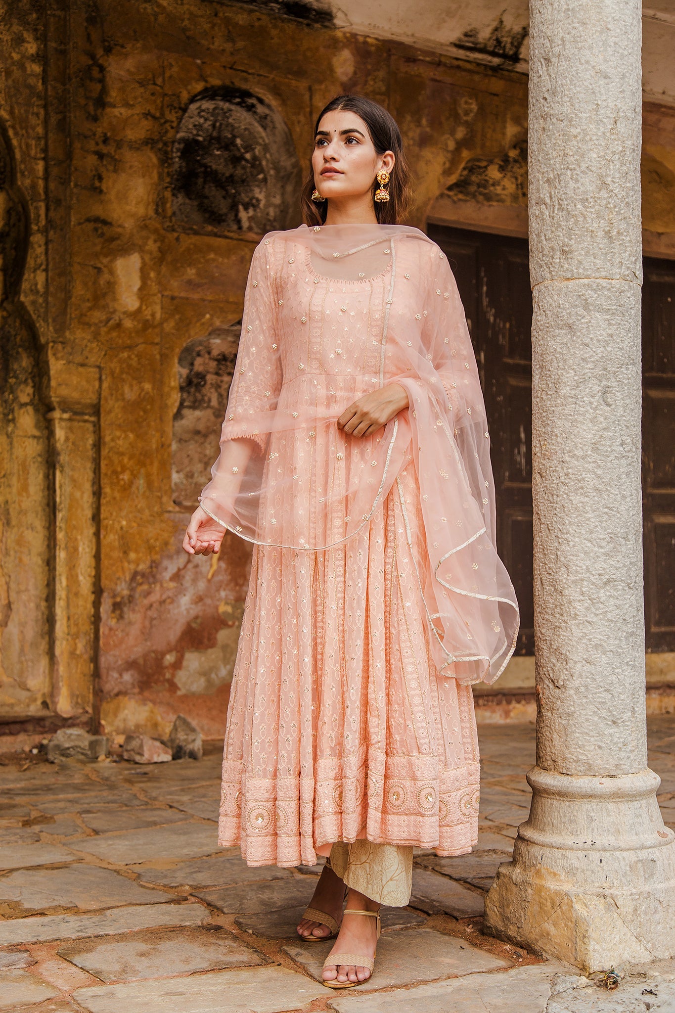 Nisa Peach Anarkali Set