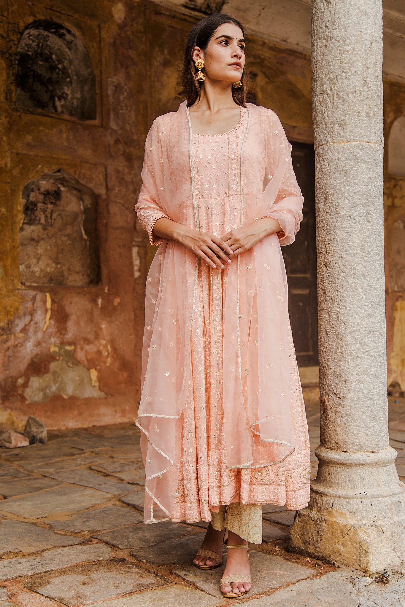 Nisa Peach Anarkali Set