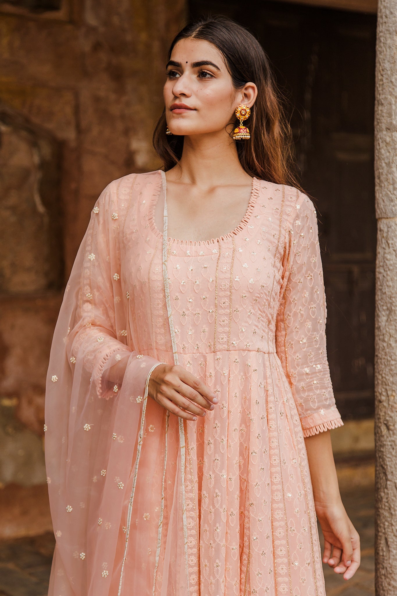 Nisa Peach Anarkali Set