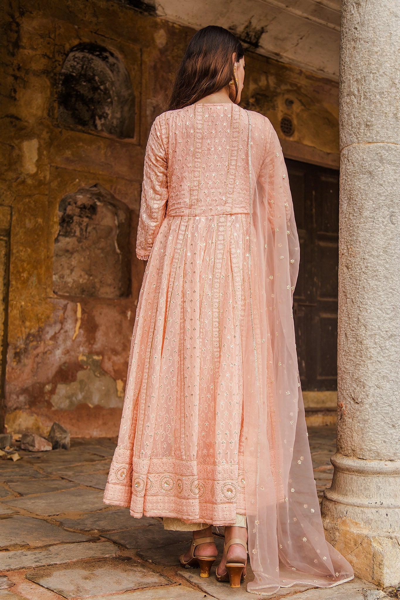 Nisa Peach Anarkali Set