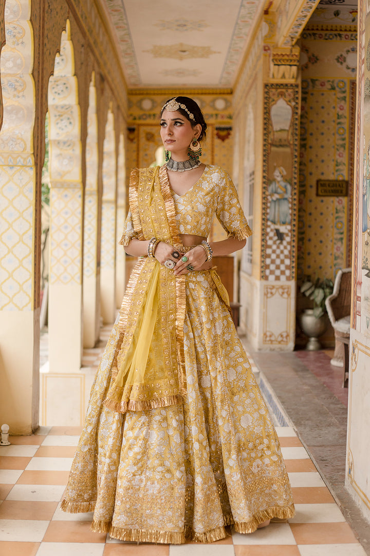 Gota Patti Shehzadi Yellow Cotton Block Print Lehenga Set With Organza Dupatta