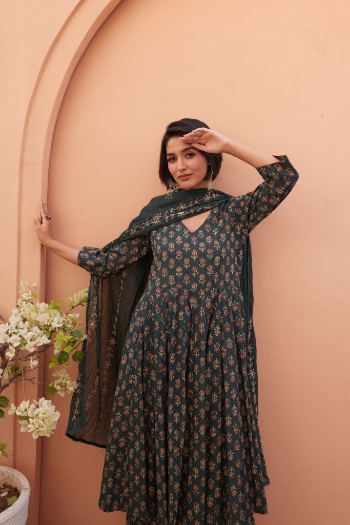 Bagru Green Anarkali Set