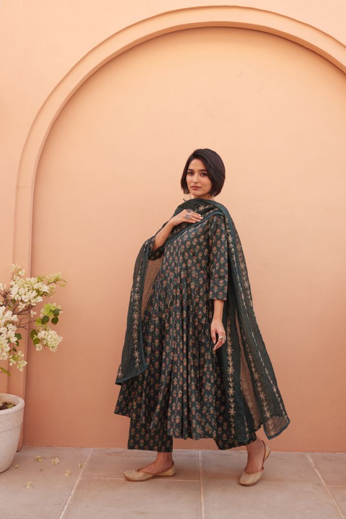 Bagru Green Anarkali Set