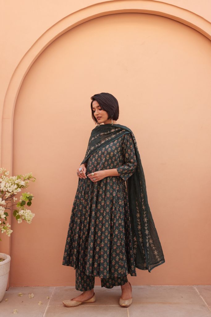 Bagru Green Anarkali Set