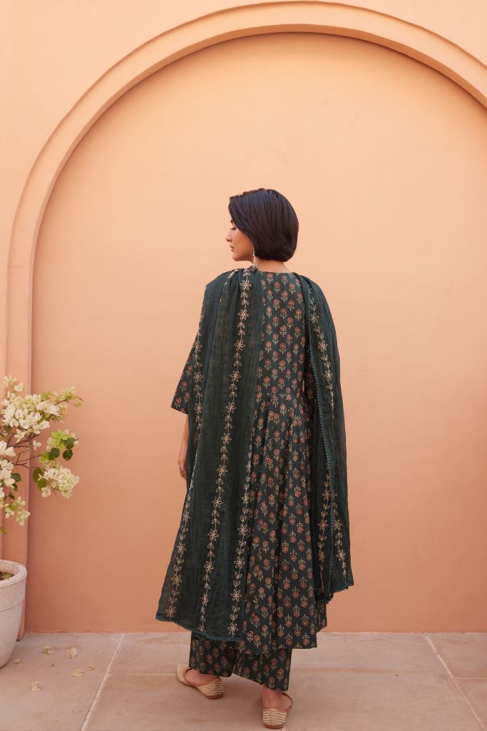 Bagru Green Anarkali Set