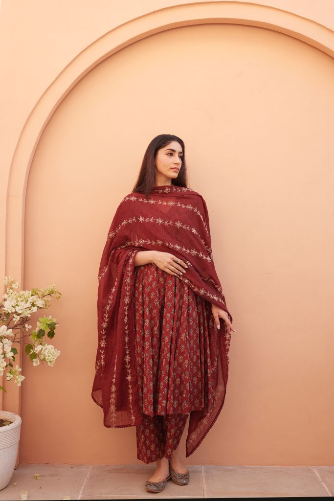 Bagru Red Anarkali Set