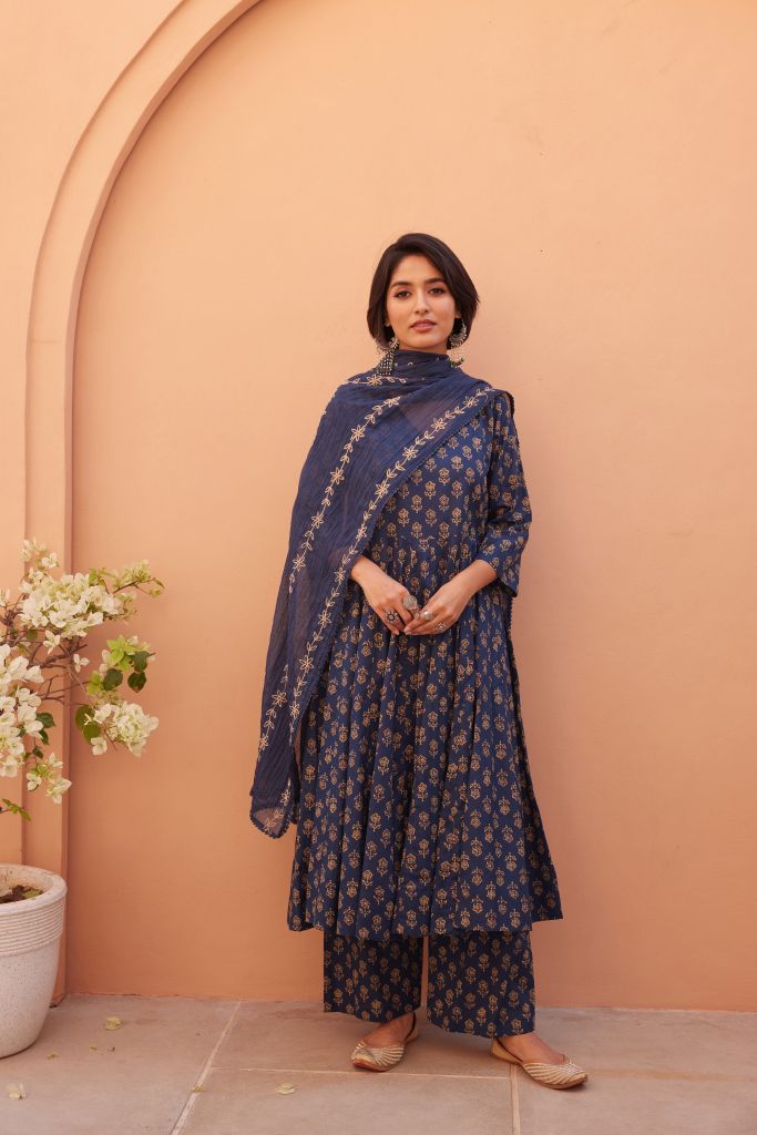 Bagru Blue Anarkali Set