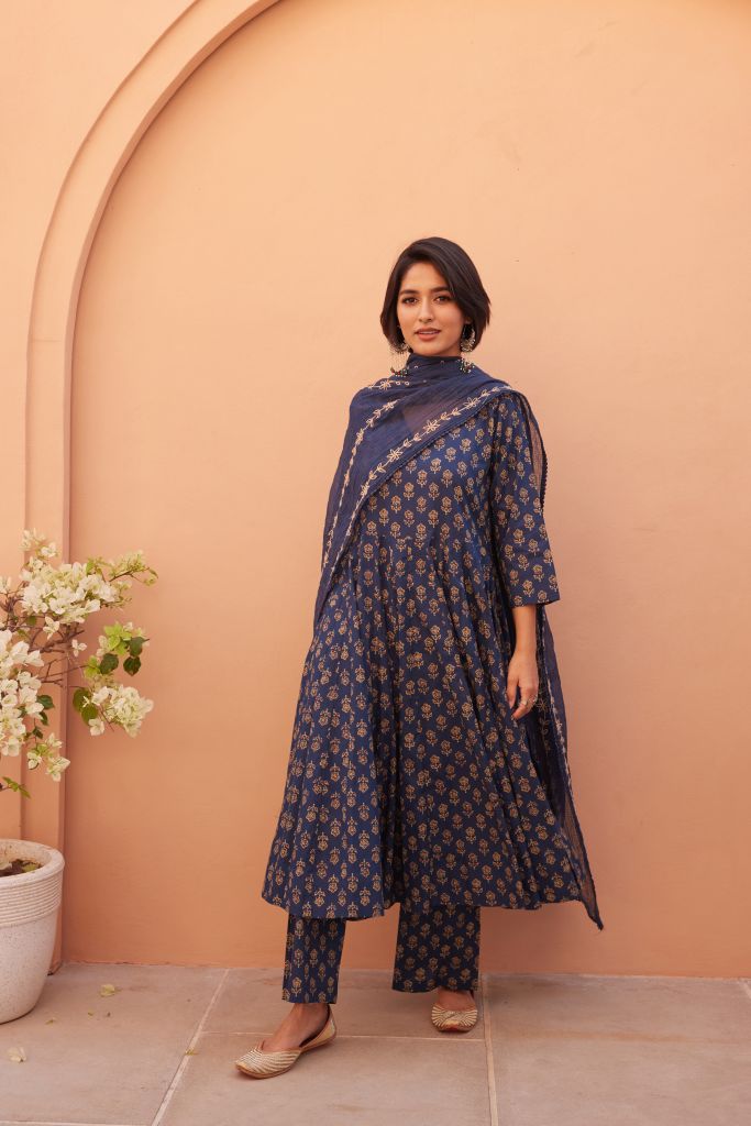 Bagru Blue Anarkali Set