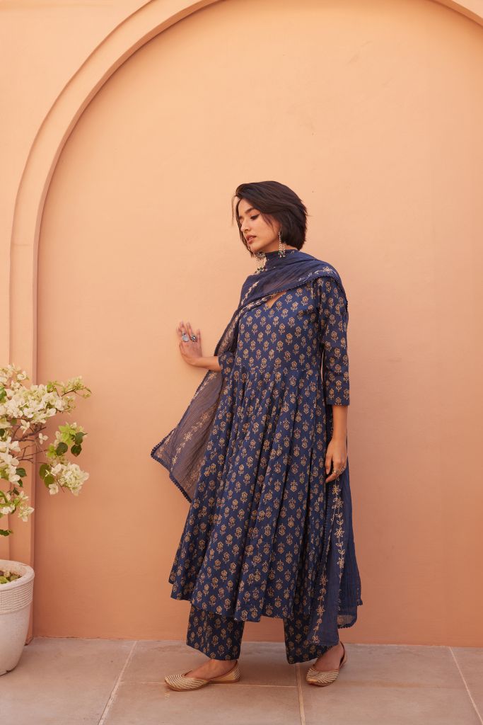 Bagru Blue Anarkali Set