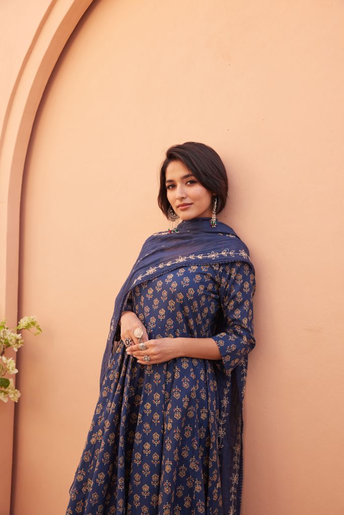 Bagru Blue Anarkali Set