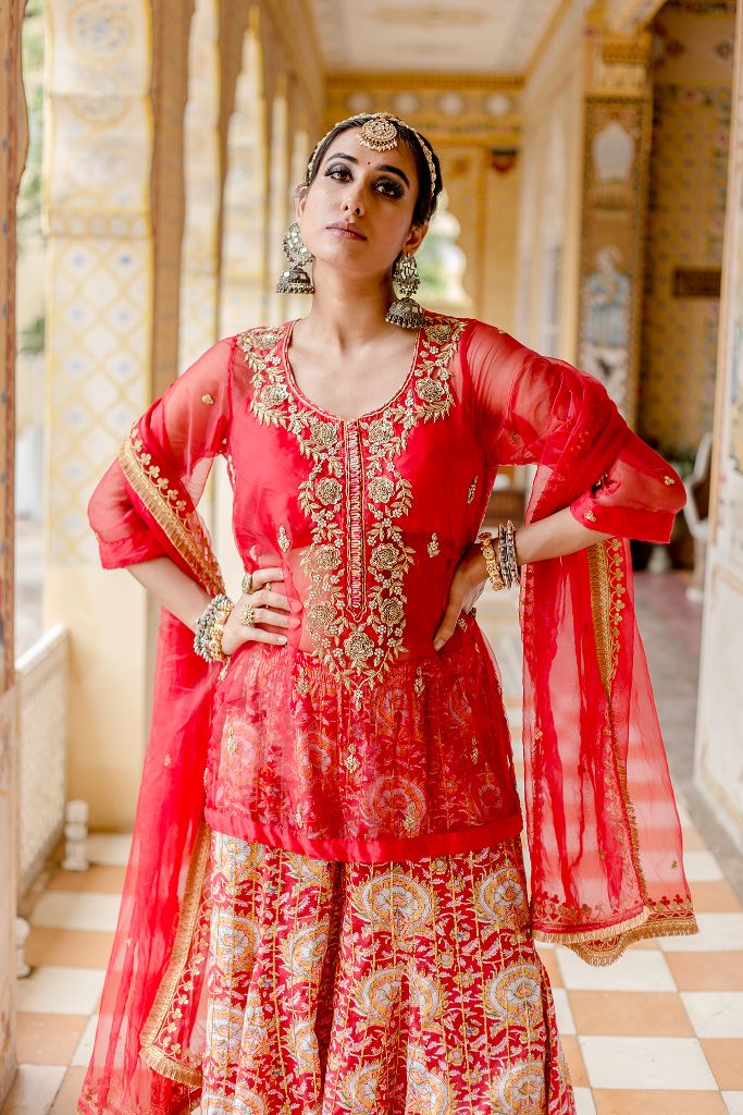 ATEFA RED SHARARA SET Gulabo Jaipur