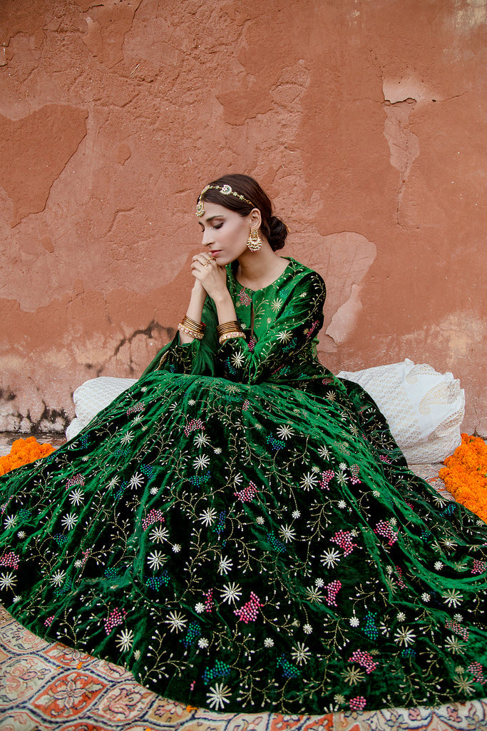 Pakistani Bridal Outfit in Green Lehenga Choli Style – Nameera by Farooq