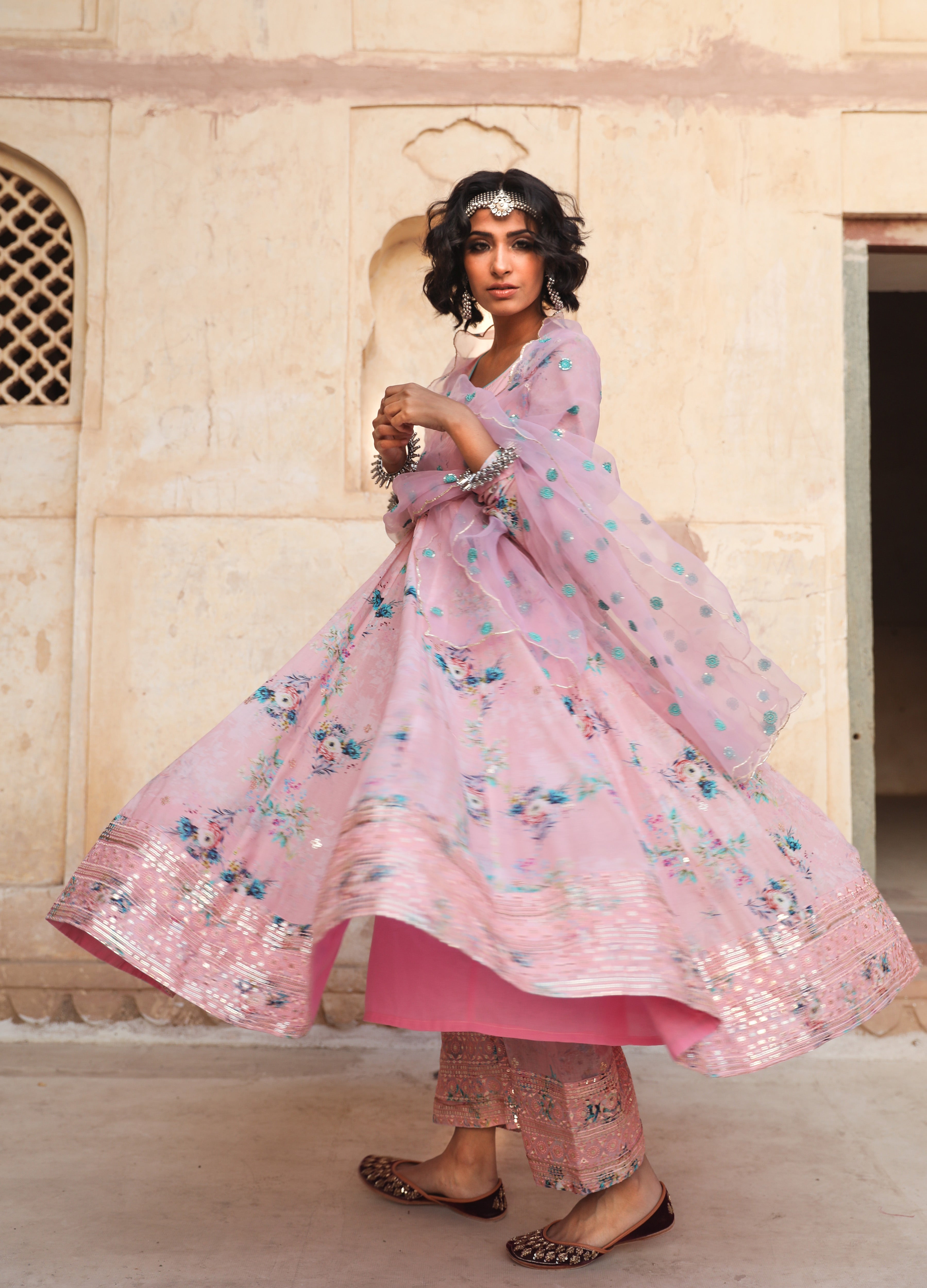 Pink Full Sleeve Anarkali with Embellished Dupatta – Studio East6