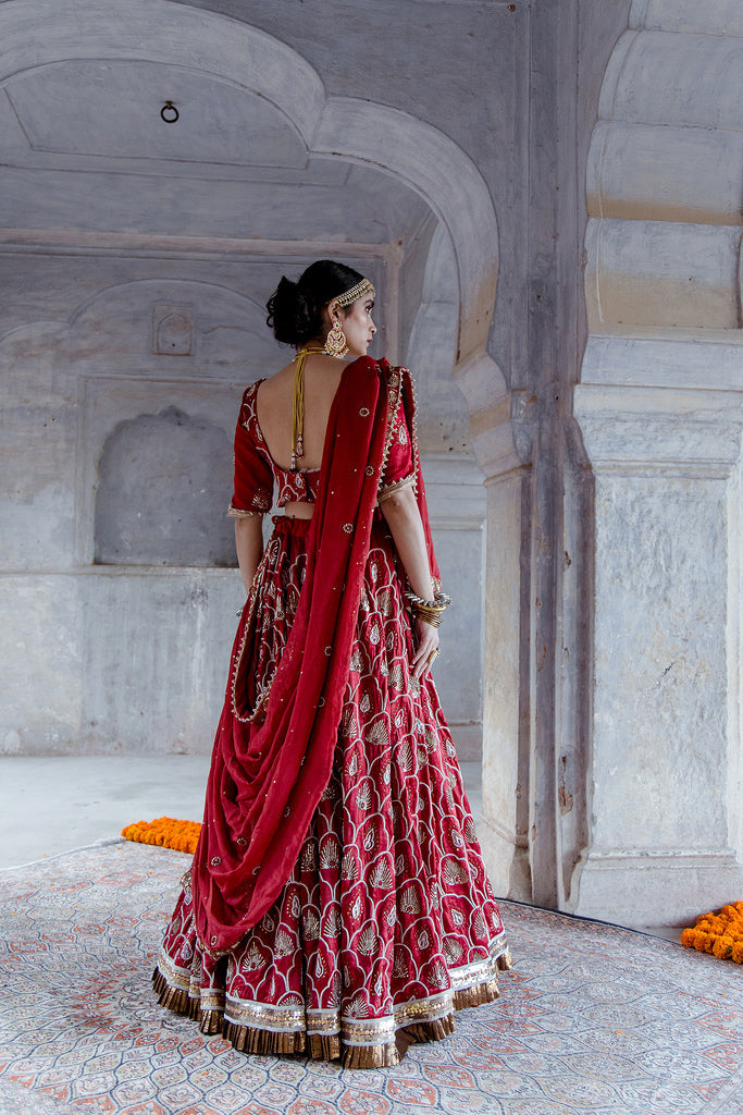 Deep Red & Purple Banarasi Embroidered Lehenga Set – 101 Hues