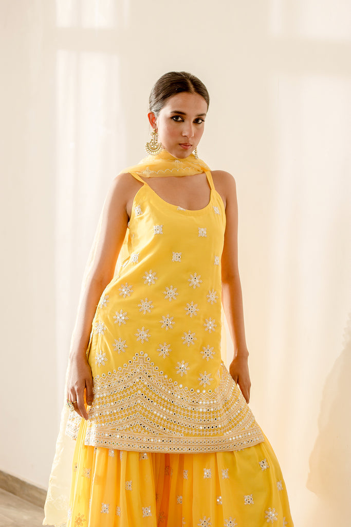 Yellow Georgette Embroidered Sharara Suit - Adizya