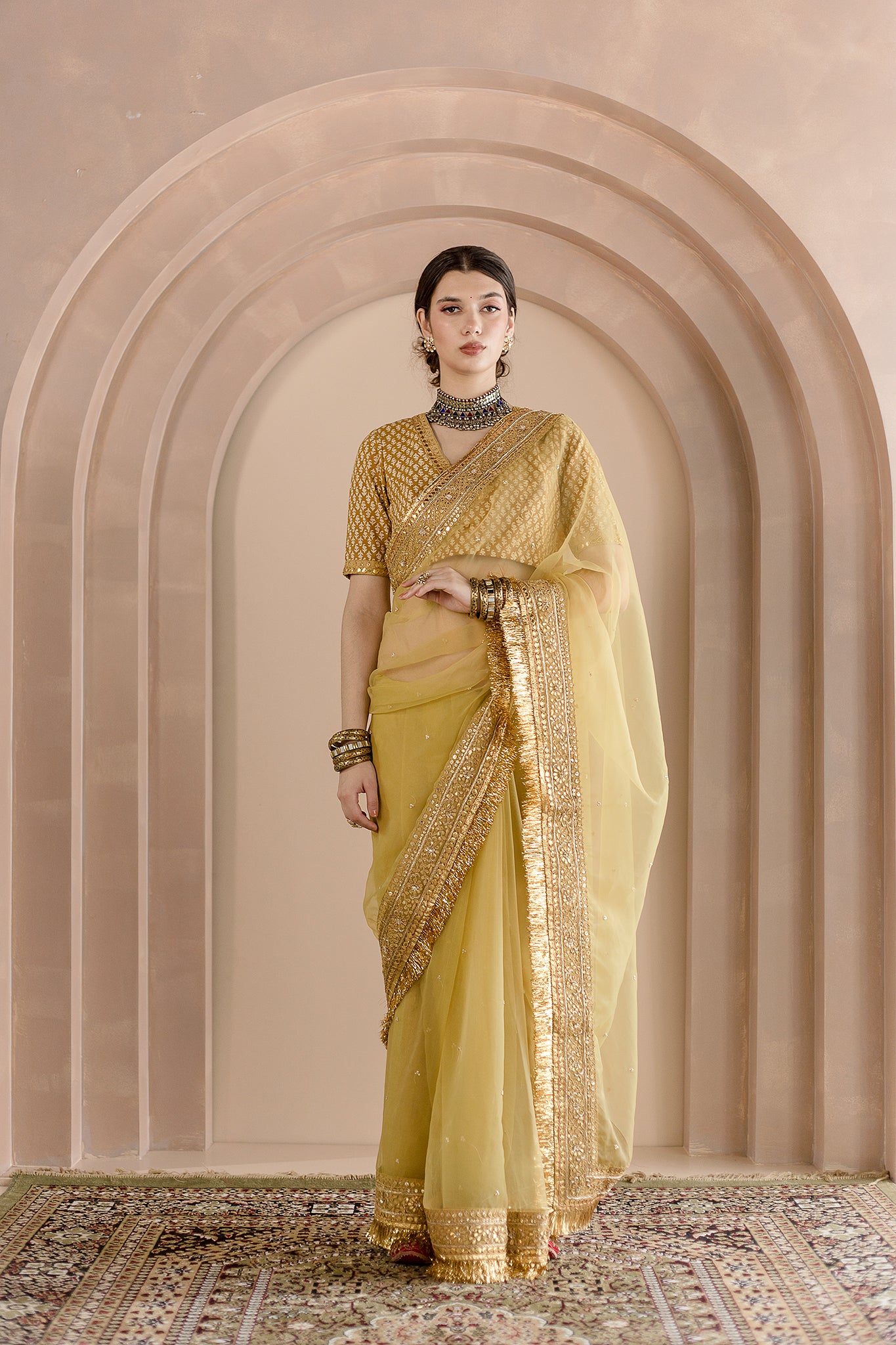 Golden saree | Golden saree, Indian wedding reception outfits, Saree designs