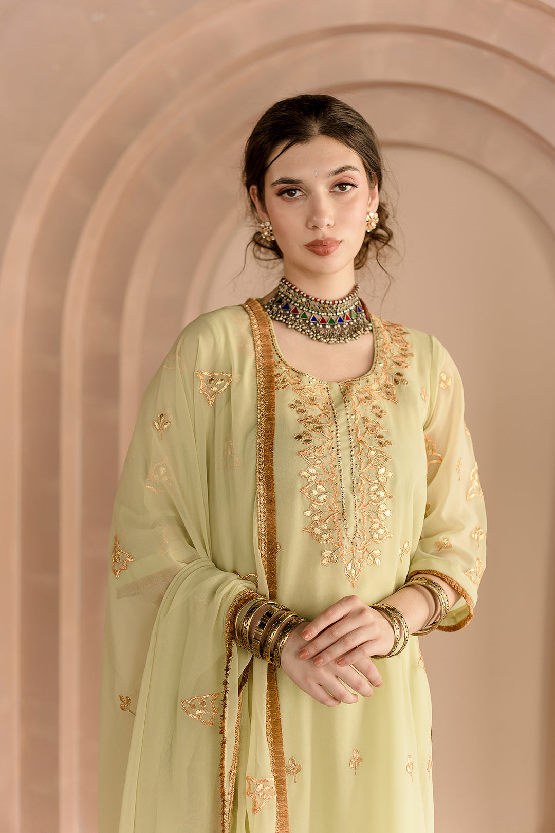 Shama Pista Georgette Straight Kurta Set With Gota Patti Detailing