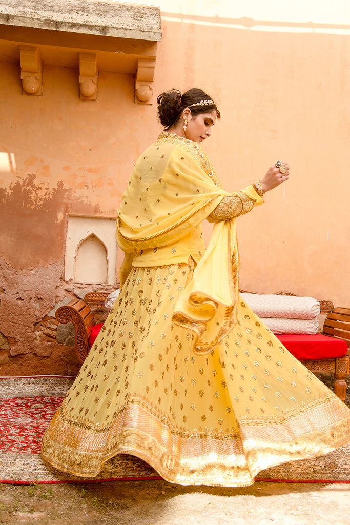Yellow Lehenga Choli with beautifully stitched blouse pattern - Dress me  Royal
