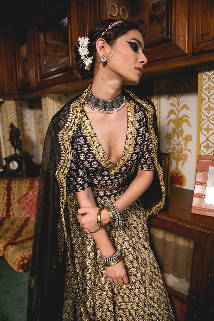 Embellished Black Saree Lehenga Indian Bridal Wear – Nameera by Farooq