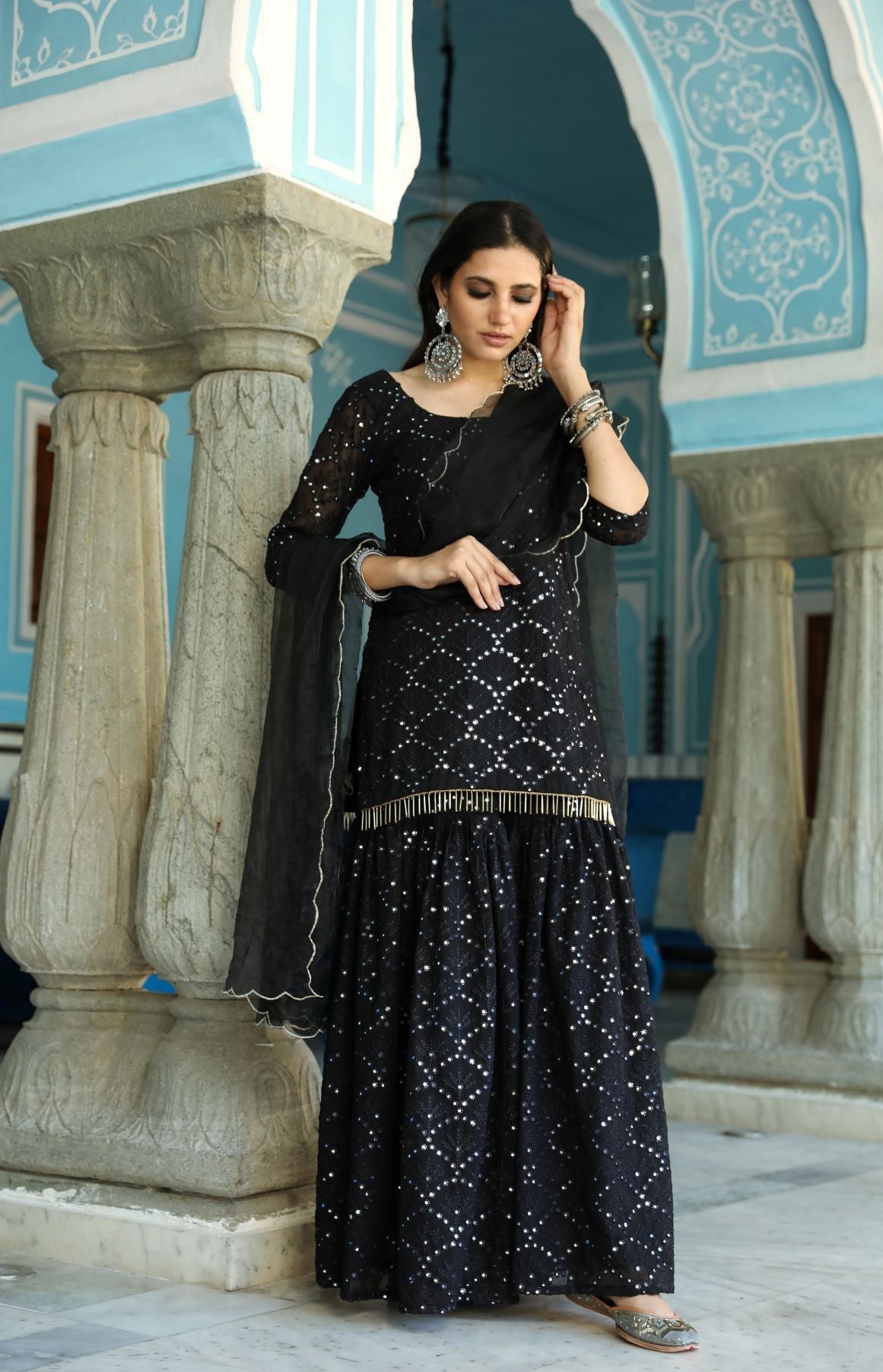 Cotton Printed Black Sharara Suit, Anarkali at Rs 685/piece in New Delhi |  ID: 25512253248