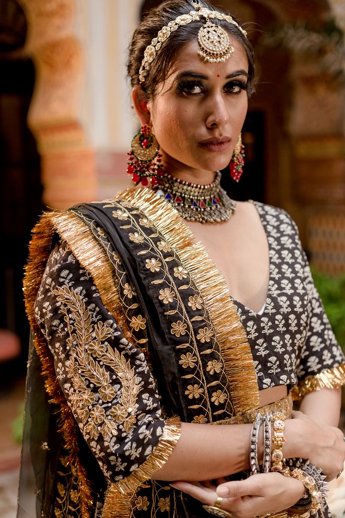 Black Zardosi Layered Long Dress | Pallavi Jaipur