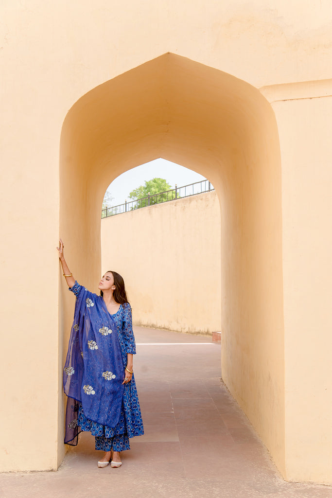 SUNFLOWER INDIGO ANARKALI SET Gulabo Jaipur