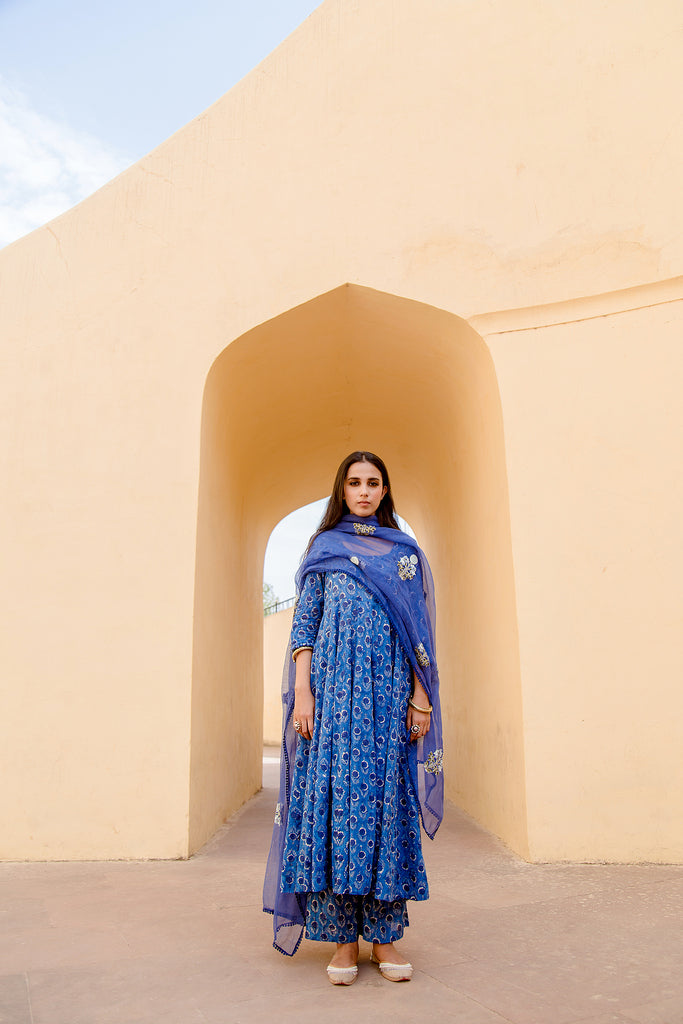 SUNFLOWER INDIGO ANARKALI SET Gulabo Jaipur