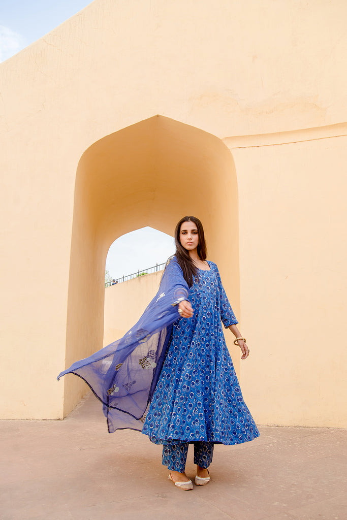 SUNFLOWER INDIGO ANARKALI SET Gulabo Jaipur