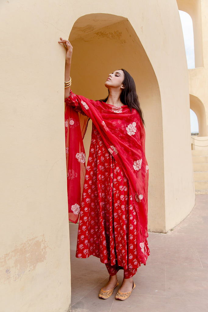 SUNFLOWER RED ANARKALI SET Gulabo Jaipur