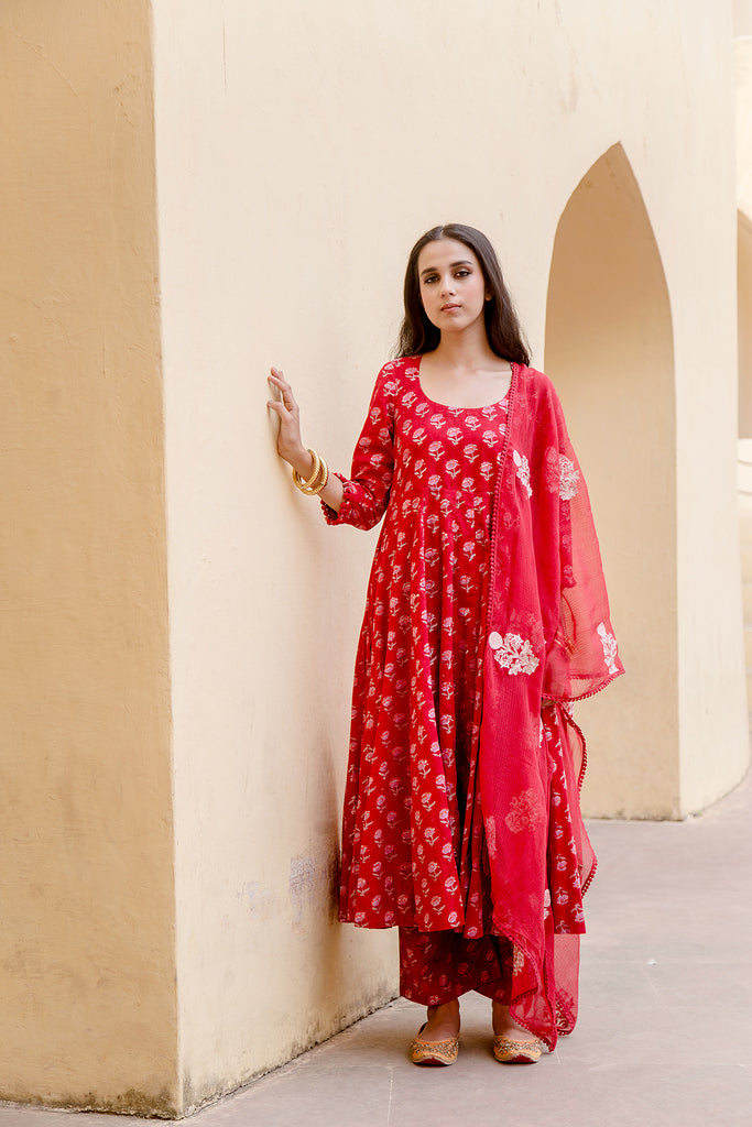 SUNFLOWER RED ANARKALI SET Gulabo Jaipur