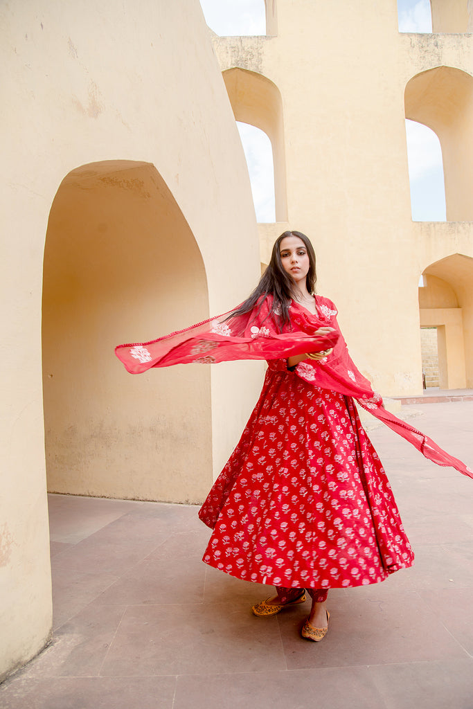 SUNFLOWER RED ANARKALI SET Gulabo Jaipur