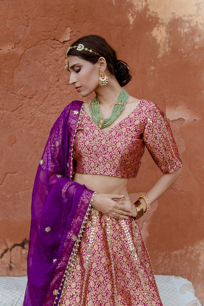 Step into a world of opulence with our Pure Silk Purple Lehenga set,  accompanied by the ethereal Pure Organza Magenta Jaal Dupatta. Adorned… |  Instagram